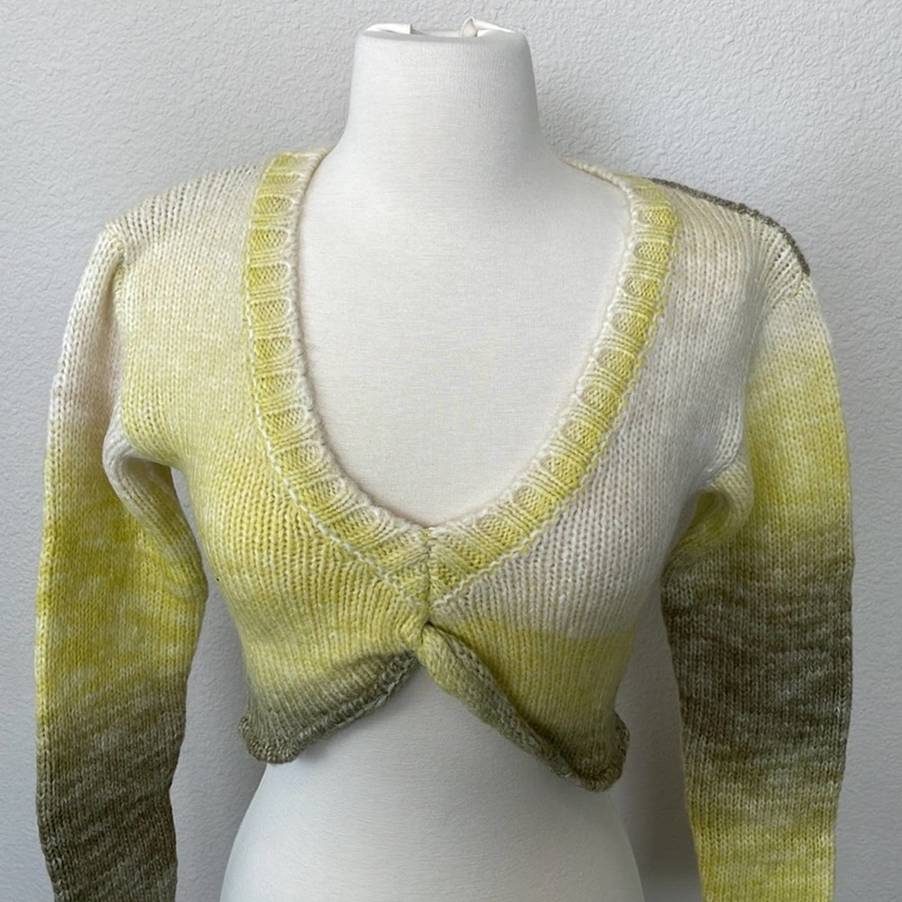 For Love and Lemons Celeste Twist Front Crop Sweater in Green tones Size XS